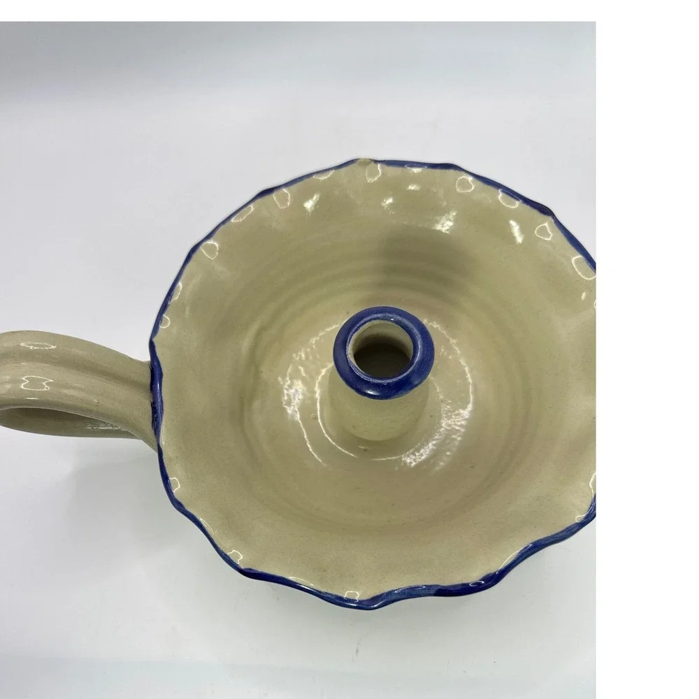 Williamsburg Pottery Salt Glaze Stoneware Chamberstick Candle Holder Blue Floral